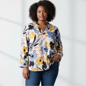 Eloquii Floral Abstract High/Lo Hem V-Neck Polyester Blouse - Size 16
